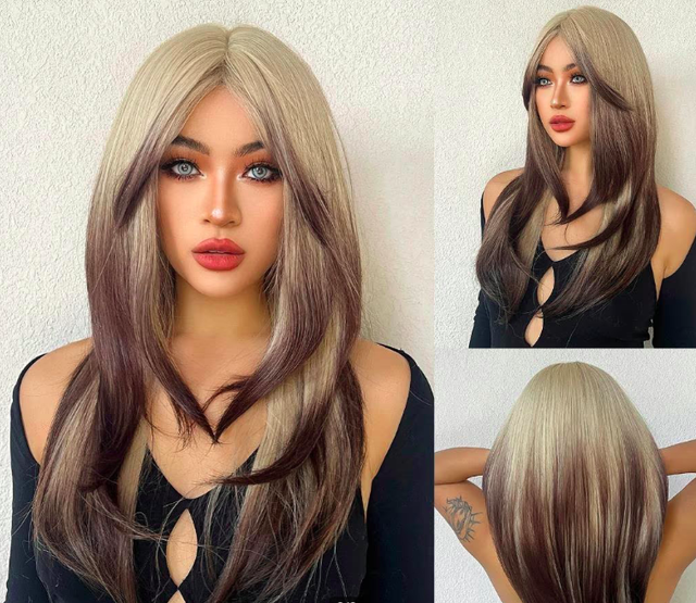 Rechte gelaagde synthetische pruik met pony (61cm)