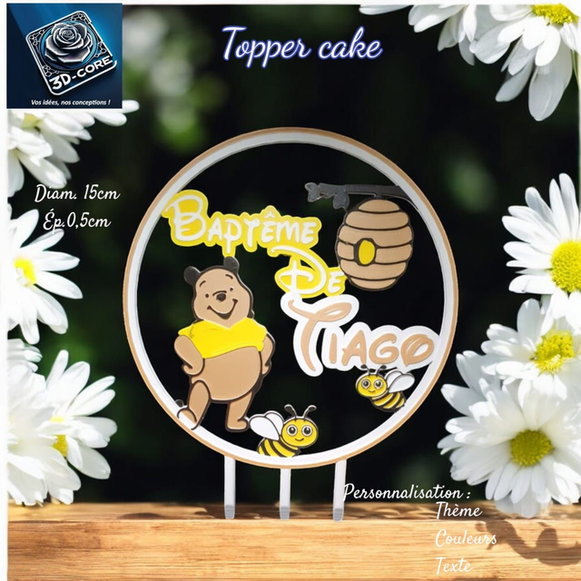 Topper cake baptême &quot;WINNIE L&#039;OURSON&#039; personnalisé