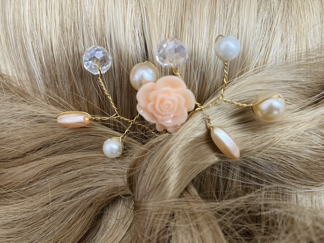 Hand-Wired Beaded Crystal, Pearl and Peach Rose Sprig Hairpin for Weddings, Proms