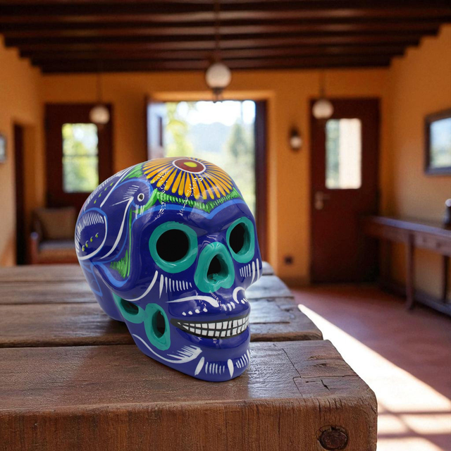 Sculpture Calavera en Terre Cuite (Grande) - Peinte à la Main (Bleu)