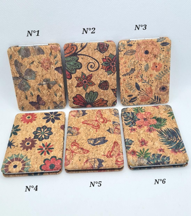 Miroir de poche rectangulaire en liège imprimé (divers motifs à choix)