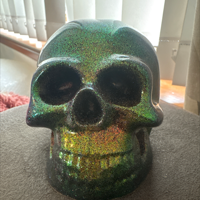 Large Glittery Petrol Effect Resin Skull