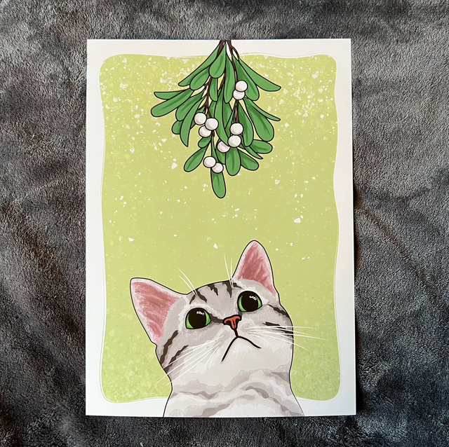 Christmas Mistletoe Cat A4 Art Print