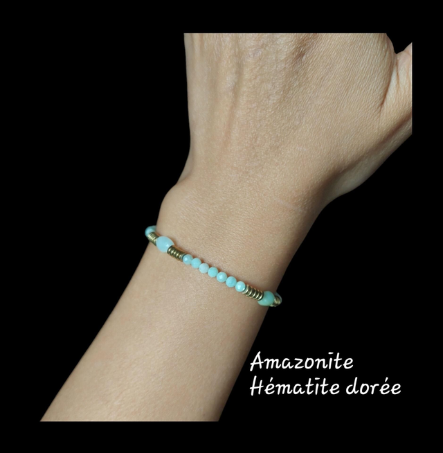 Bracelet Amazonite et Hématite Dorée pour Femme – Bijou Artisanal Équilibrant et Élégant
