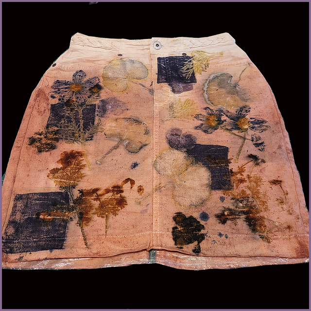 Denim Skirt Size 8 - Patch and Eco Printed with Cosmos, Bidens, Geranium, Madder Root and Oak Gall
