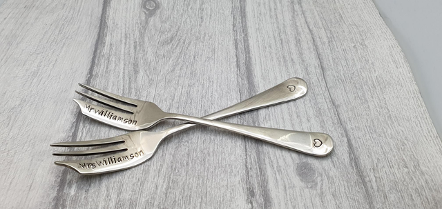 Handstamped vintage silver plated cake fork pair