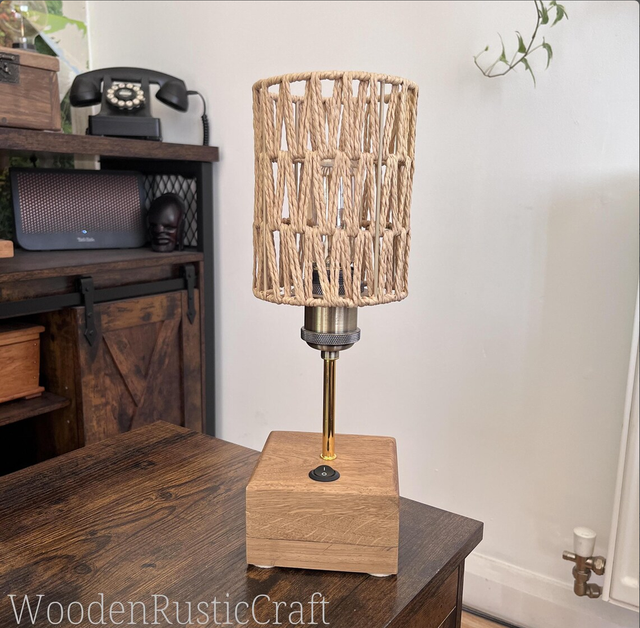 Solid Oak Table Lamp with Woven Cord Shade