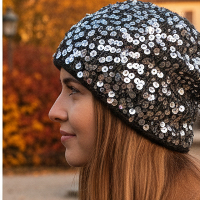 Cappello a cuffia verde scuro invernale in lana lavorato a maglia con paillettes fatto a mano