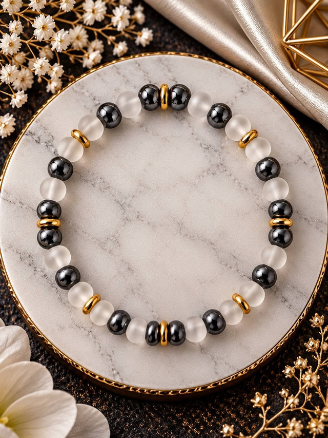 Bracelet mixte unique en perles de verre et hématite