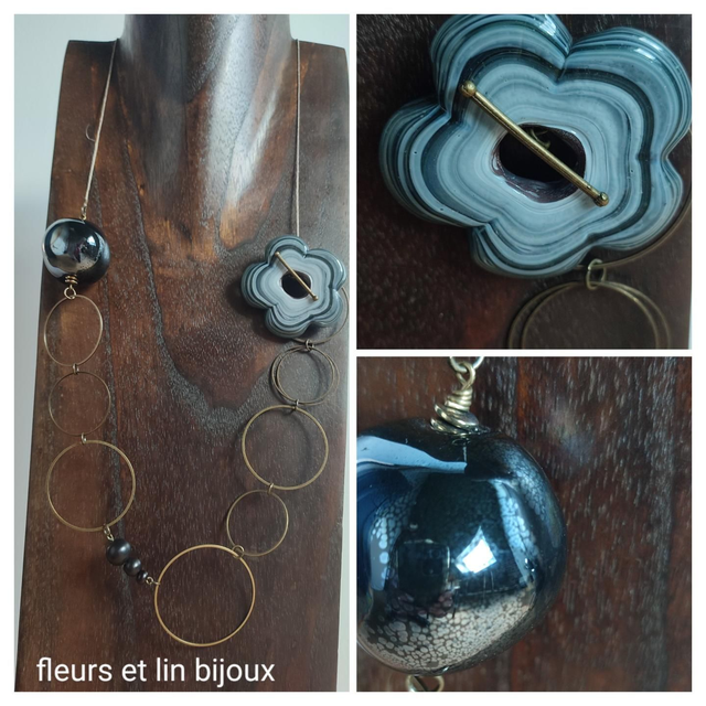 Sautoir fleur noire et blanche en verre de Murano &amp; boule en céramique noire aux reflets irisés, monté sur fil de lin réglable en pièce unique 