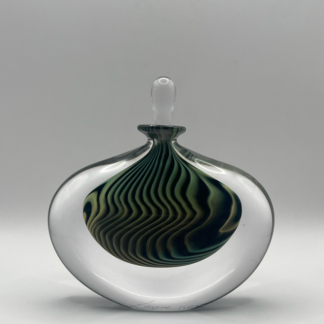 Lane Rowe Scent Bottle – Black with Yellow, Blue & Green Ripple Effect, Signed with Stopper