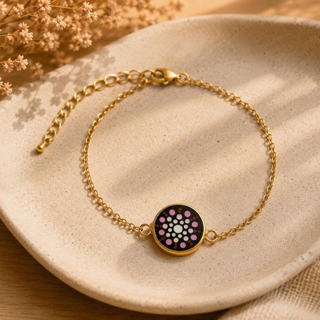 Bracelet mandala rose en acier inoxydable doré – Peint à la main