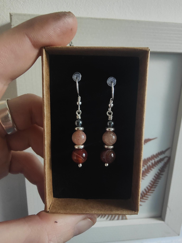 Boucles d&#039;oreilles &quot;Harmonie&quot; Triple Argent 925 : Hématite Pierre de Soleil Agate du Botswana