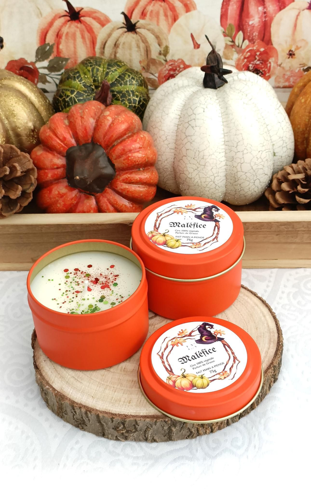 Bougie Halloween boîte métallique orange