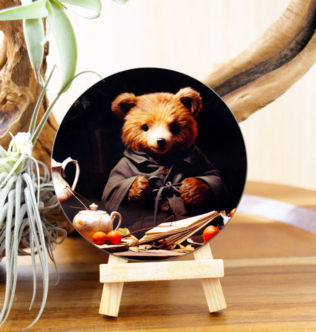 Round Coaster: Bear Seated at a Table with Teapot, Books &amp; Fruits