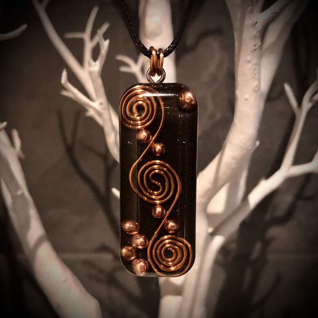 Orgonite Pendant with Clear Quartz, mini copper spheres and copper spirals (oblong)