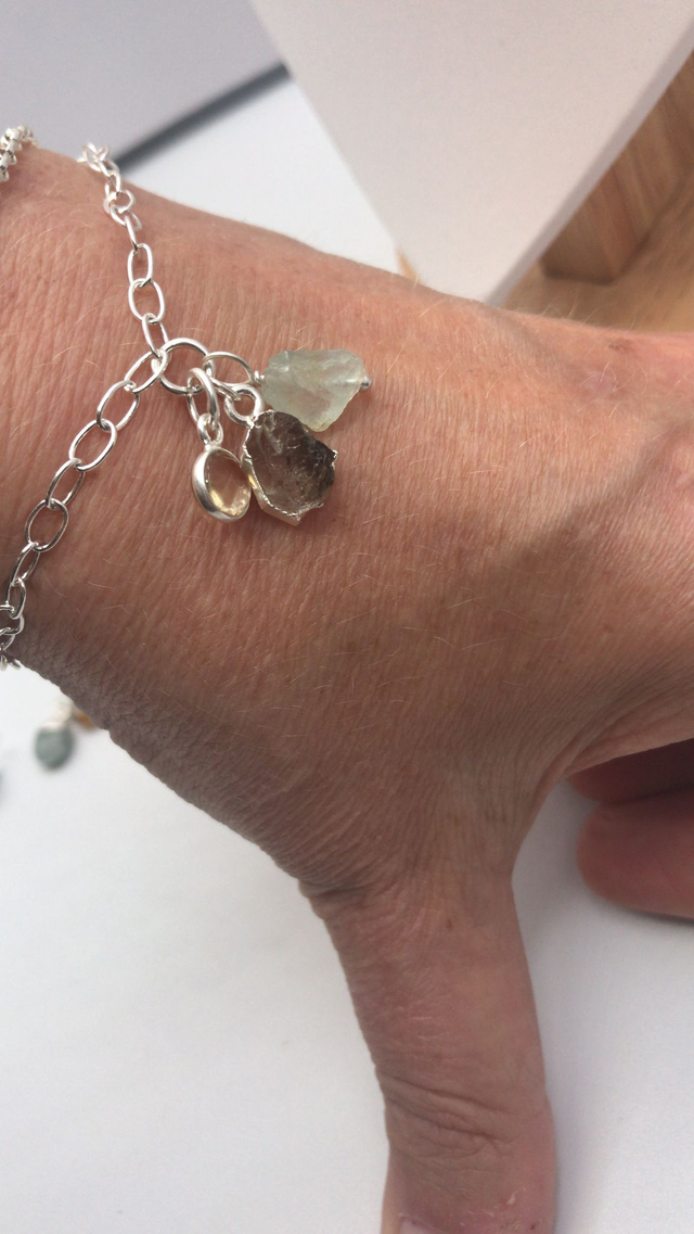 3 Birthstones on a Sterling Silver Link Charm Bracelet 