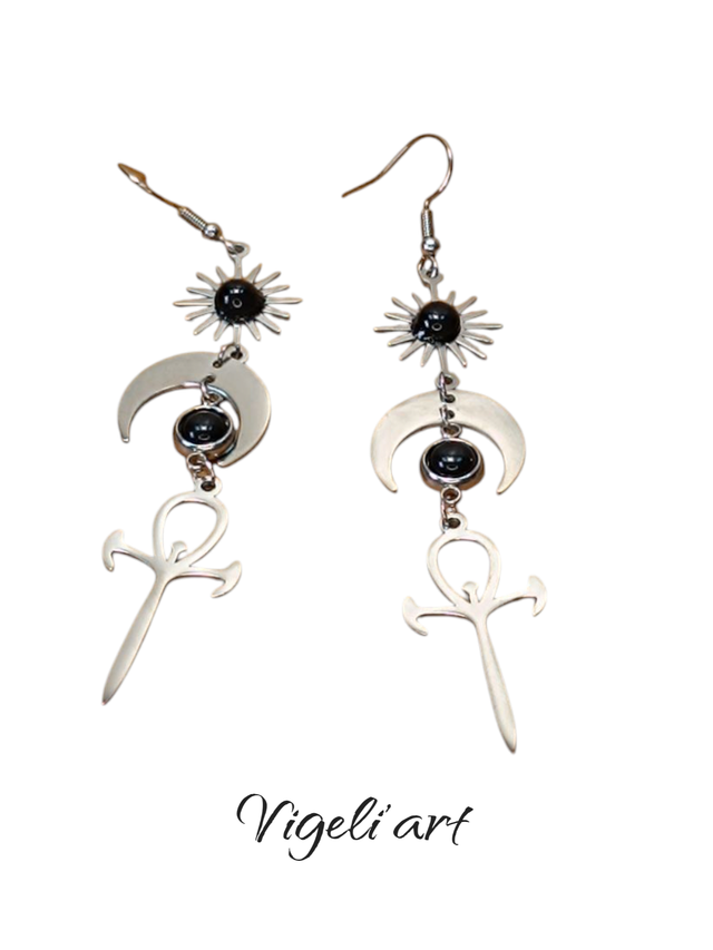 boucles d&#039;oreilles obsidienne croix égyptiennes 
