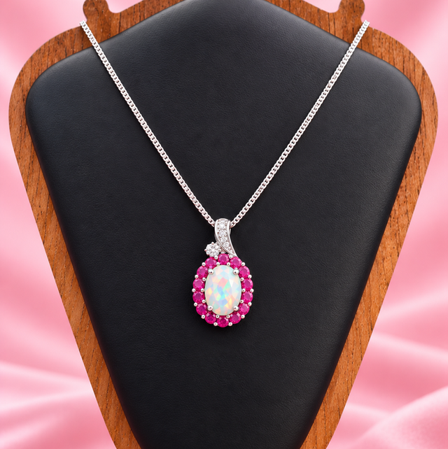 Sterling Silver / Ruby / Opal & Diamond Pendant With Curb Chain