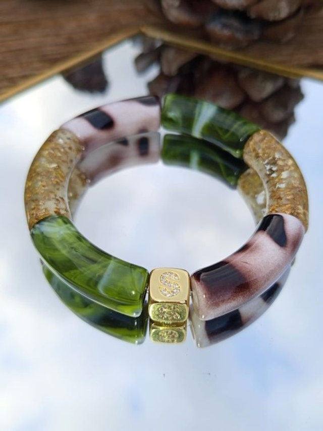 Bracelet jonc perles tubes acrylique léopard Indrani Panna