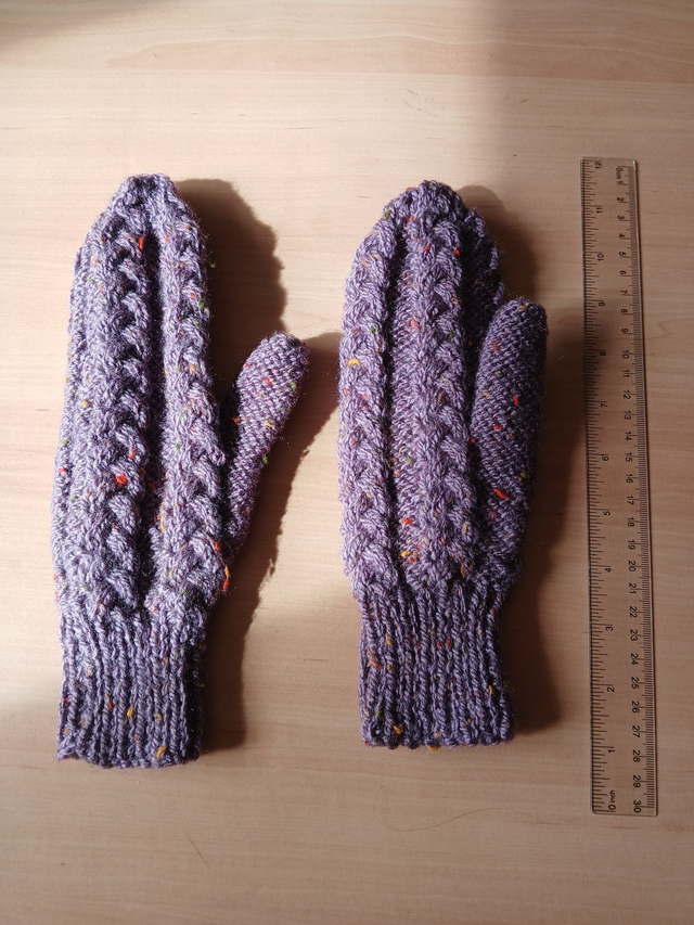 Ladies Mittens: Cable Pattern: Heather Purple with coloured flecks.