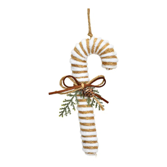 Weihnachtshänger Zuckerstange mit Schleife aus Textil, Natur/Weiß 6x15x2cm