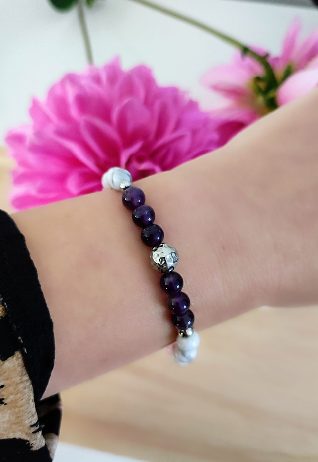 Bracelet "Paix intérieure" Boule Améthyste, Quartz rose et Howlite