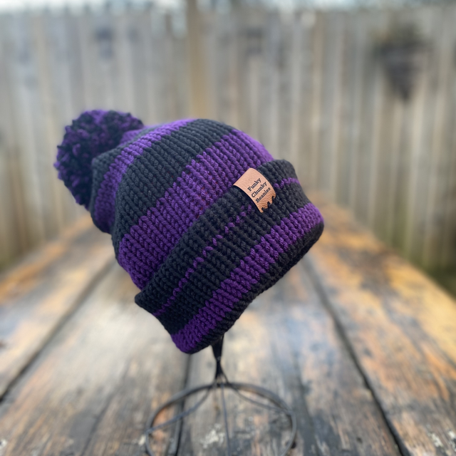 Funky Chunky Bobble Hat – Dark Academia Purple &amp; Black - Handmade in Scotland