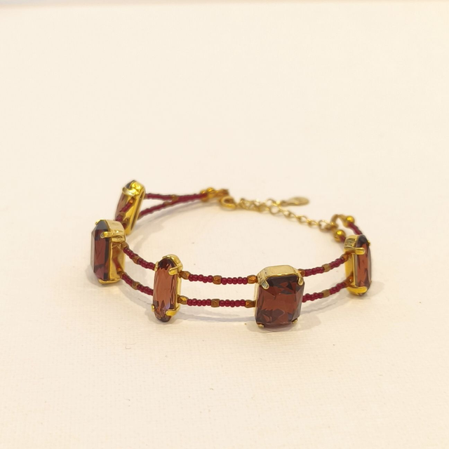 Bracelet Burgundy – Argent doré 24k, Gold filled 14k &amp; cristal – Ajustable de 17,5 à 22,5 cm