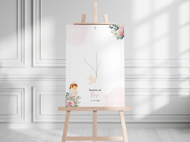 Affiche à empreinte personnalisée A3 Baptême Fleurs & Blush rose