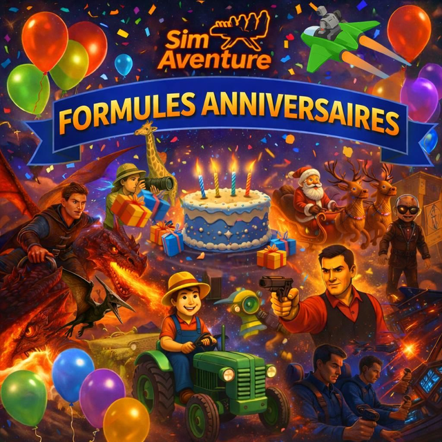 Formule Anniversaire privatisation salle 2 heures dont 1 heure d'aventures sur nos 2 simulateurs.