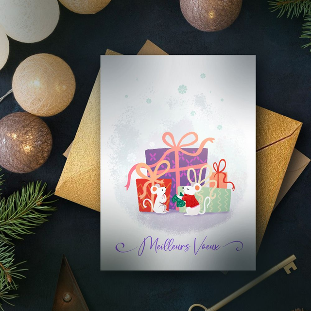 Carte de Voeux "Petites Souris" avec enveloppe dorée 