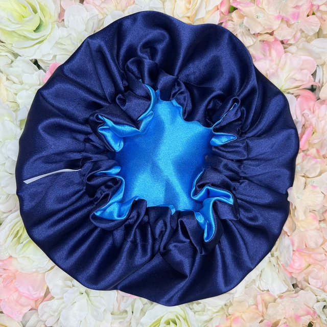 Bonnet en satin américain réversible Bleus | Protection cheveux nuit | Anti-frisottis | Tailles S, M, L | Double face fait main