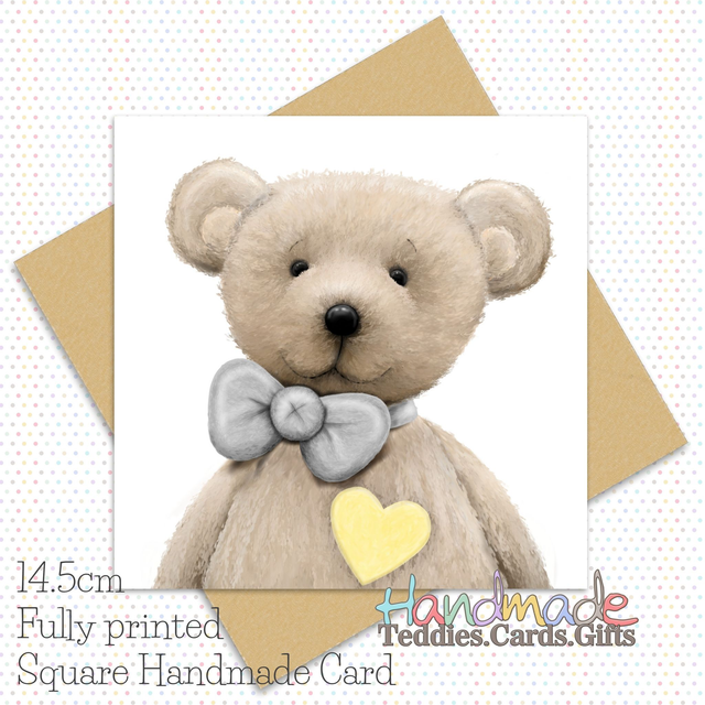 Printed Teddy Bear Card. 14.5cm square. 350gsm. Fully printed. Six background colours. Blank inside. Any occasion.