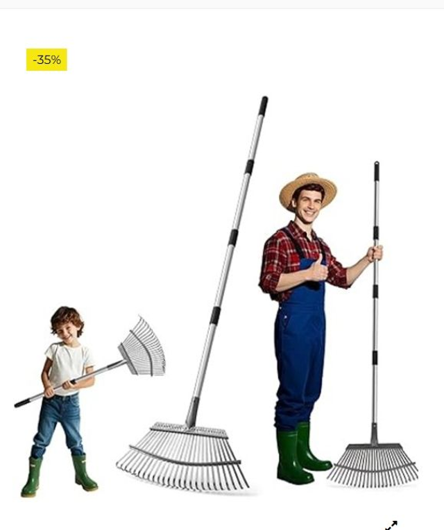 Rastrillo de hojas con mango telescópico con 25 dientes, kit de herramientas de jardín