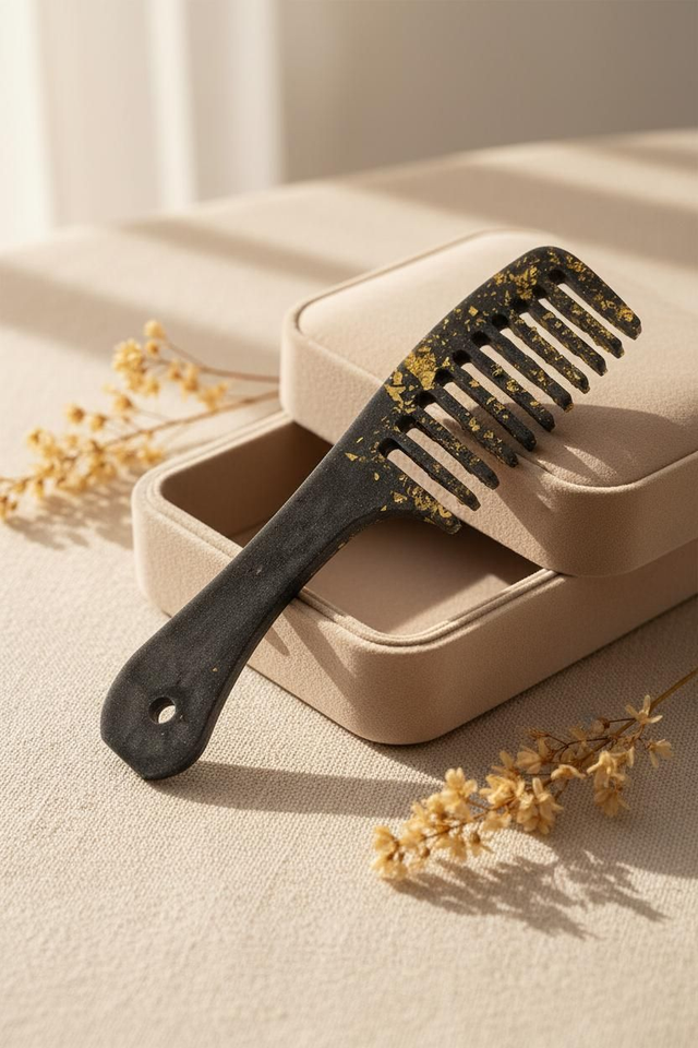 Peigne grand modele avec manche Dark Grey et feuilles d'or 