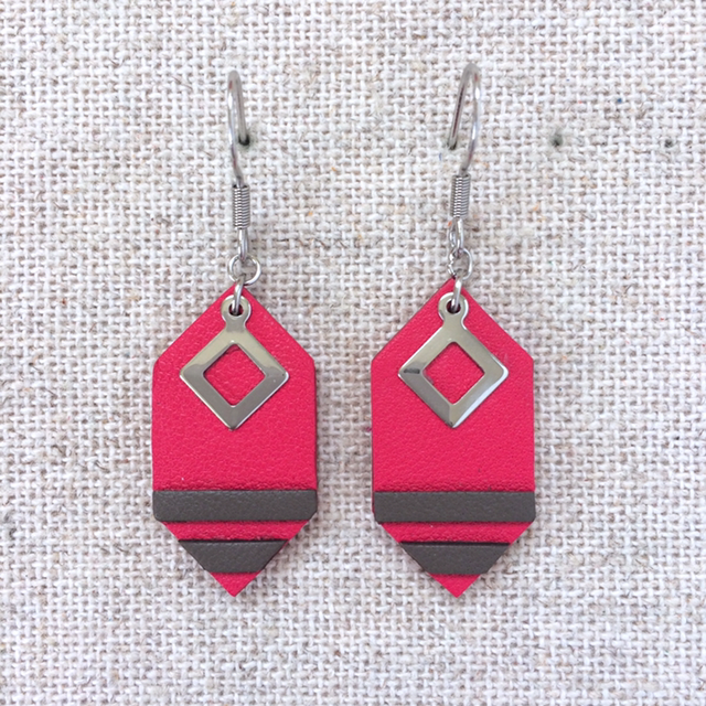 Boucles d’oreilles « Duolet », cuir rose camélia et taupe