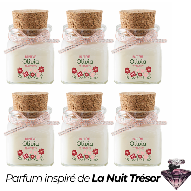 6 Bougies personnalisées parfumées : cadeau invités mariage, baptême, communion, anniversaire, baby shower, gender reveal, EVJF, Parfum LA NUIT TRESOR