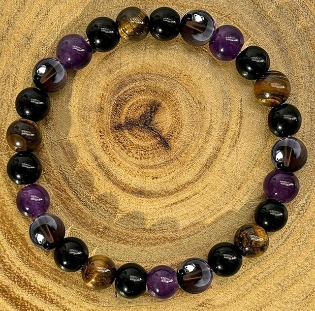 Bracelet "protection et délivrance" en Oeil de tigre, Améthyste et Tourmaline - 8mm
