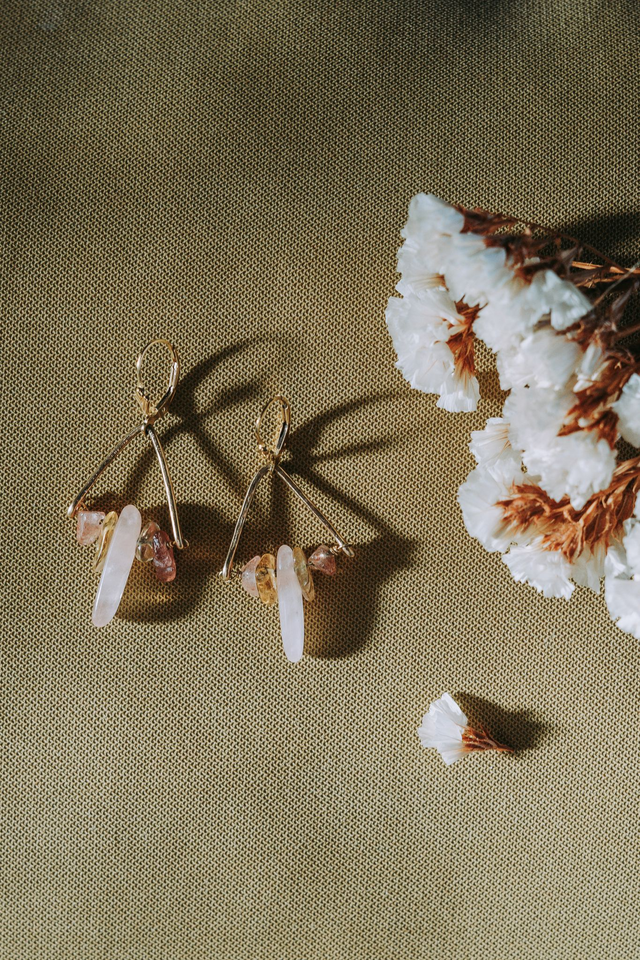 Boucles d'oreilles goldfilled or 14k et pierres fines de quartz rose, citrine et quartz fraise