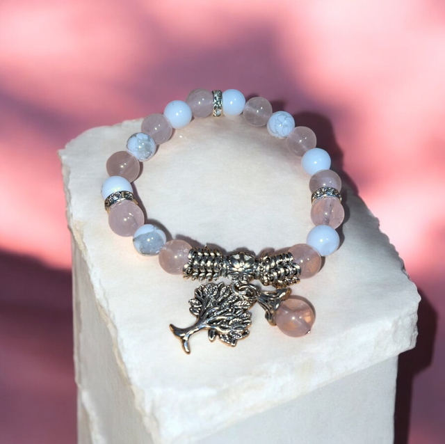 U15 Bracelet bien-être Quartz rose Howlite Charm’s arbre de vie perle de quartz 