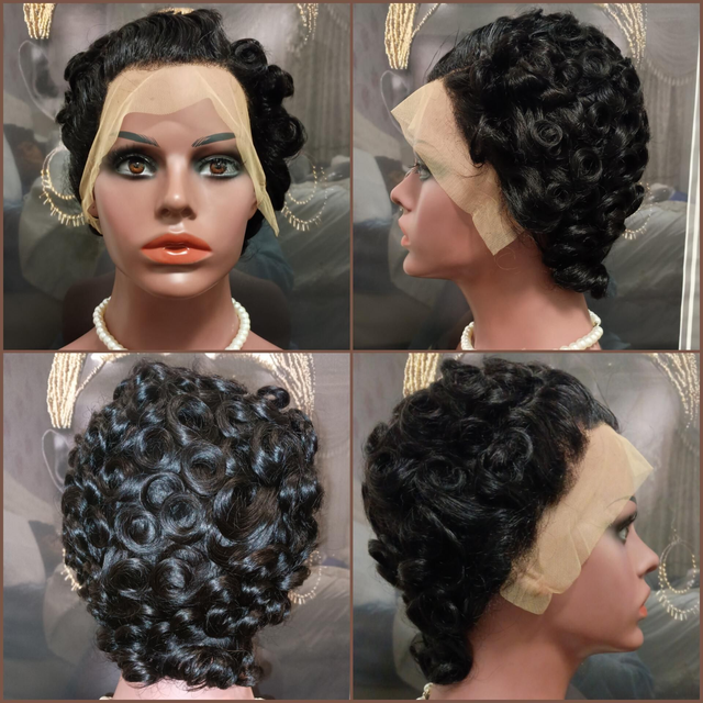 Human Hair Curly Lace Wig – Short Vintage Finger Wave Style Wig (Natural Black)