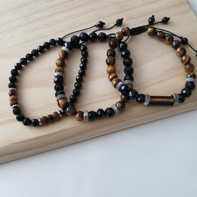 Heren armbandenset Tijgeroog & Onyx – 3-delig, handgemaakt (2.046)