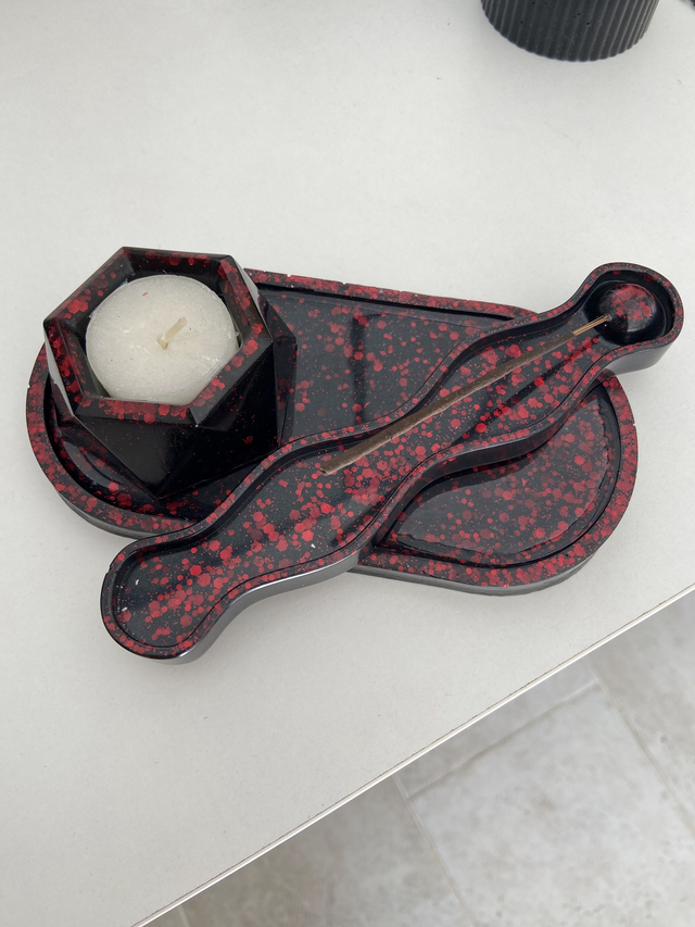 Ensemble décoratif en résine – Plateau, bougie &amp; porte-encens