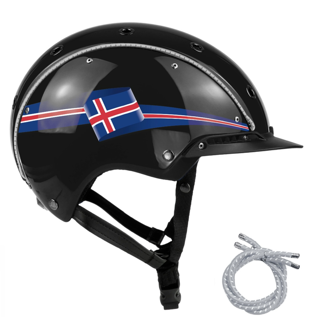 Casco Reithelm Champ 3 Black Shiny Iceland flag silver stripe