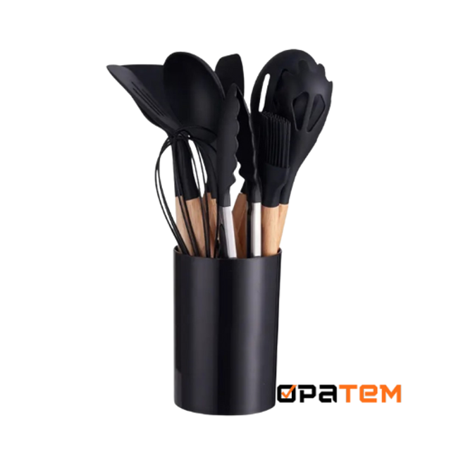Kit 12 Utensílios De Cozinha Em Silicone E Cabo De Madeira