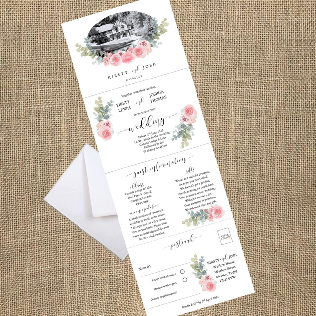Canada lake &amp; lodge venue drawing invitation - concertina Wedding invitations - including guest information &amp; RSVP