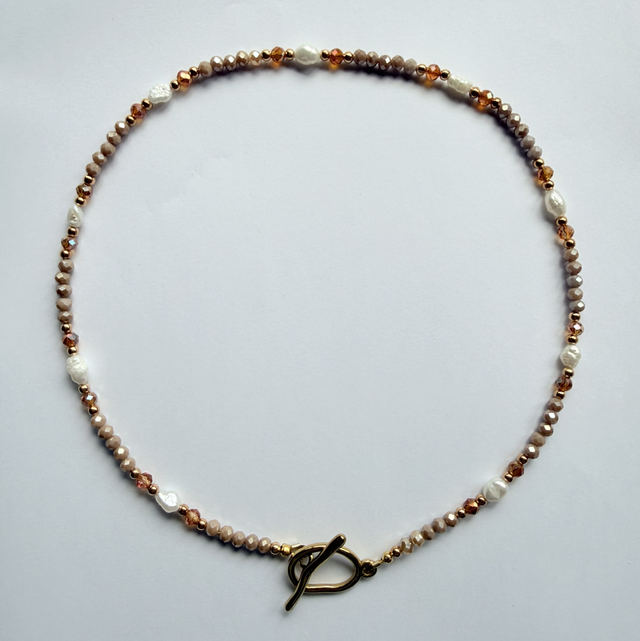 CAMILLE - Mocha Brown and Pearl Beaded Toggle Necklace