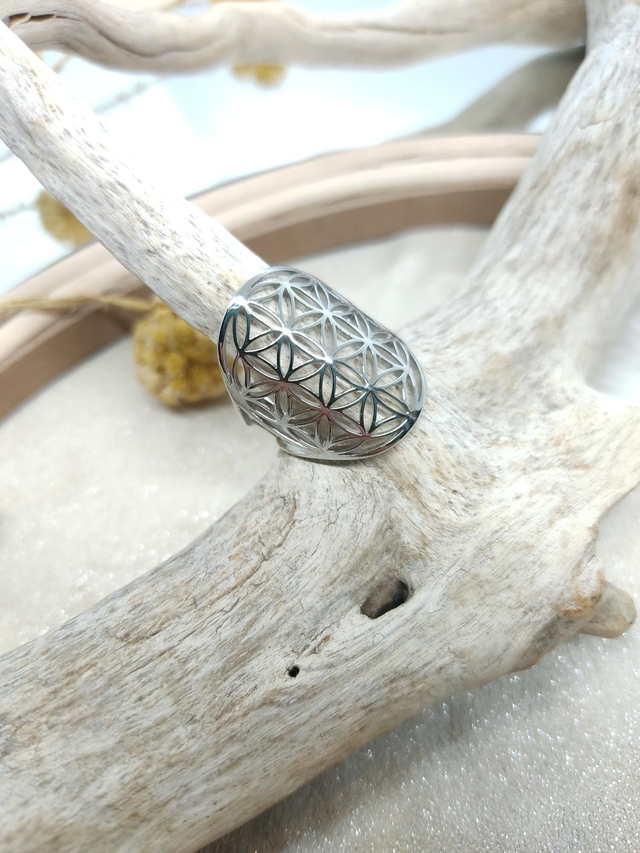 Bague FLEUR DE VIE acier argenté 
