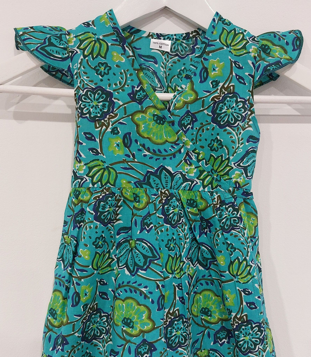 Robe portefeuille d'été - Fille 2-7 ans - Coton indien léger imprimé à la main - Pompons - Motif floral